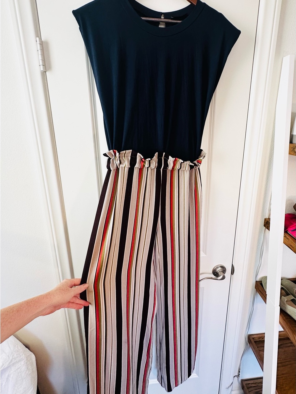 Shop 17 Navy Multicolor Striped Wide Leg Jumpsuit Retro Medium